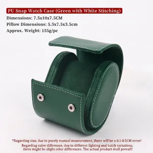 Detailed close-up of a green PU leather elliptical watch box with white stitching and snaps