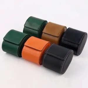 Detail view of colorful oval PU leather watch boxes with elegant white stitching