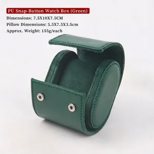 Green PU leather oval watch box with snap button closure and removable soft pillow