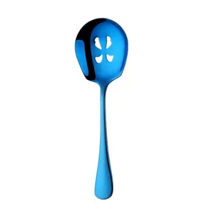 Large blue stainless steel slotted serving spoon for buffet and professional catering