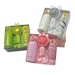 Portable summer gift set with mini fan, water bottle, and UV umbrella in three colors