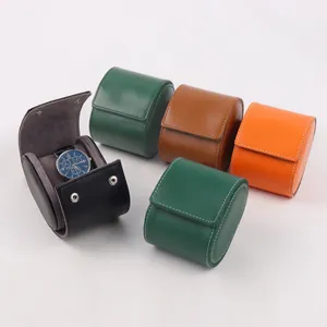 Oval PU leather watch travel case with removable pillow and secure snap closure