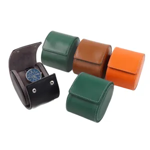 Luxury PU leather travel watch roll case with removable pillow and snap button closure