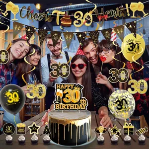 Complete black and gold 30th birthday party decoration set with balloons and banners.