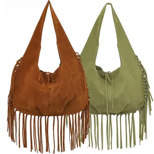 Two oversized fringe hobo shoulder bags in brown and olive green faux suede fabric