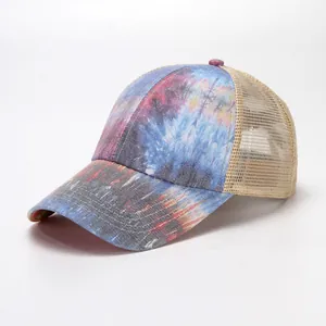 Women's tie-dye mesh trucker hat with starry sky pattern for outdoor sports