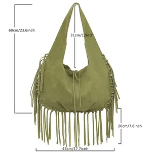 Detailed size measurements for a green fringe hobo bag with large capacity and soft texture.