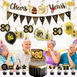 80th birthday party decoration set with gold and black balloons, banners and cake toppers.