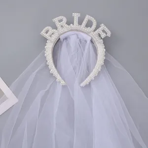 White pearl BRIDE headband with long mesh veil for wedding bridal party accessories