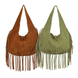 Large vintage suede fringe hobo shoulder bags with tassels in brown and green.