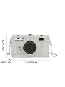 Silver glitter camera-shaped box clutch bag shown with detailed dimensions 17.5x10x5cm
