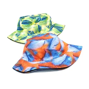 Vibrant double-sided bucket hats with colorful abstract marble prints for sun protection