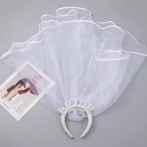 Elegant white bridal veil headband with pearl BRIDE lettering for wedding party