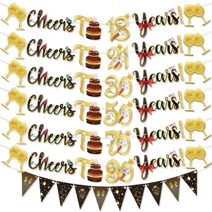 Glittery gold and black birthday banners for milestones 18, 21, 30, 50, 70, 90 years