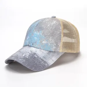 Breathable mesh baseball cap featuring gray and blue tie-dye marble print pattern