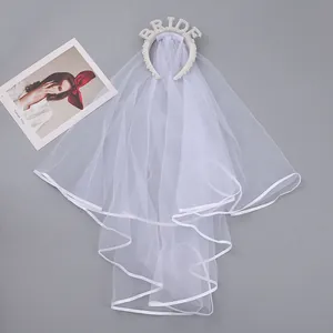Elegant white pearl bride headband with a two-layer mesh veil for bridal wedding parties