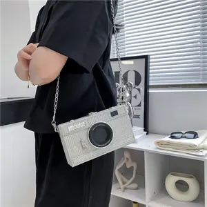Creative camera shaped glitter crossbody bag for women with elegant silver chain strap