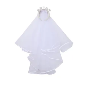 Elegant pearl BRIDE headband with an attached layered white tulle veil for wedding party