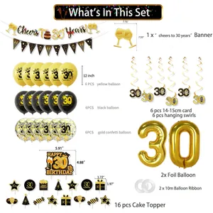 Complete 30th birthday decoration set with gold balloons, banner and cake toppers.