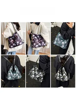 Multiple views of skull and flower print tote bag worn as a shoulder bag and backpack