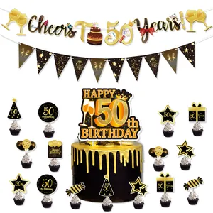 Elegant black and gold 50th birthday party decoration set with banners and cake toppers.
