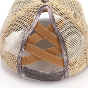 Detail of women's breathable mesh baseball cap with elastic cross ponytail opening