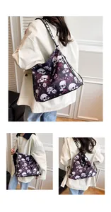 Gothic skull and floral print large capacity tote bag with 'LOVE' straps
