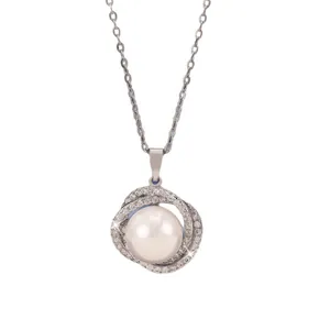Elegant silver-toned pearl pendant necklace featuring crystal-encrusted intertwined rings