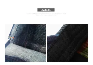 Macro view of washed denim baseball cap showing distressed details and stitching.