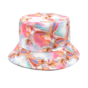 Close-up view showing the vibrant marbled pattern and quality stitching of the bucket hat