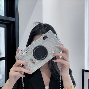 Fashionable creative camera-shaped silver glitter box bag with metal chain strap