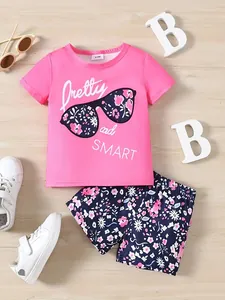 Toddler girl pink summer set with floral sunglasses graphic T-shirt and shorts