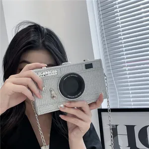 Luxury silver glitter camera-shaped box clutch bag with sparkling rhinestone details