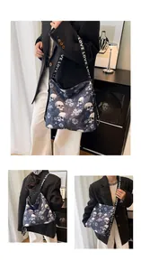 Versatile large capacity tote bag with gothic skull floral print and LOVE lettering strap