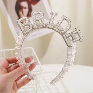 Elegant white pearl-encrusted BRIDE headband for wedding parties and bridal events