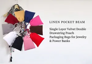 Detailed view of various colorful velvet drawstring storage bags for jewelry and accessories