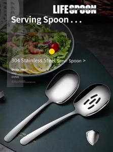 Detail view of 304 stainless steel serving spoon and slotted spoon set