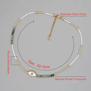 Detailed view of Evil Eye necklace featuring Miyuki seed beads and natural African turquoise