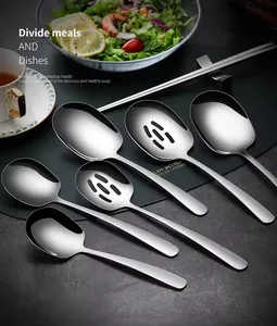 Detail view of 304 stainless steel serving spoons including solid and slotted designs
