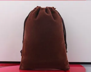 Close-up of a premium coffee brown velvet drawstring storage pouch for jewelry