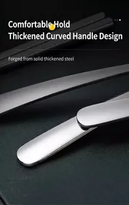 Close-up detail of a thickened 304 stainless steel curved handle on a large serving spoon.