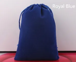 Close-up of a royal blue velvet drawstring pouch for jewelry and accessory storage