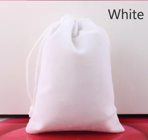 Detailed view of the white velvet drawstring storage bag with soft texture