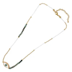 Evil eye necklace with green beads and white tubes, unique niche design clavicle chain.