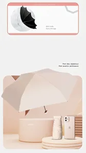 Detailed view of mini capsule umbrella in beige with portable storage case for UV protection