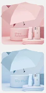 Detail view of mini pocket umbrellas in pink and blue with smartphone for size comparison.