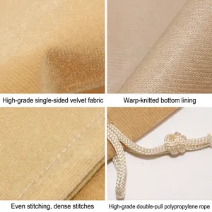 Detailed views of beige velvet drawstring pouch showing texture, lining, and stitching