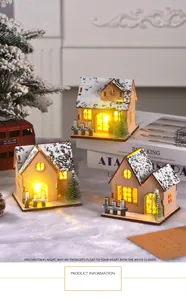 Detail shot of illuminated wooden Christmas houses with warm LED glow