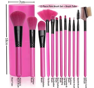 Detailed view of 12pcs rose red makeup brush set with storage cylinder
