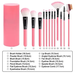 Detailed dimensions of the pink 12-piece makeup brush set with cylinder storage barrel.